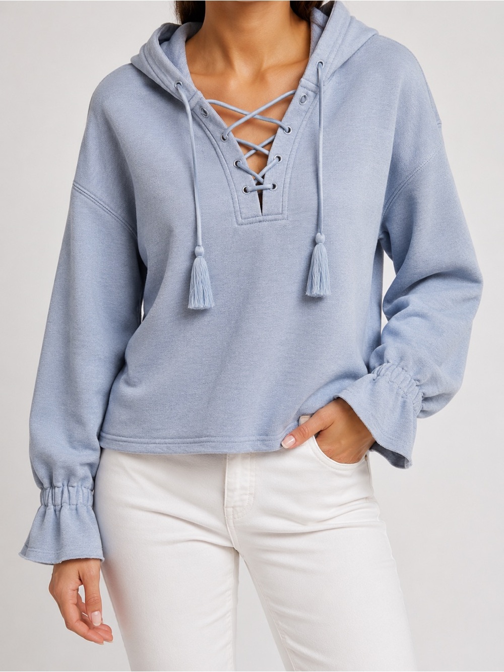 New Something Navy Powder Blue Subtle Glitter Lace-Up Hooded Sweatshirt Tassels